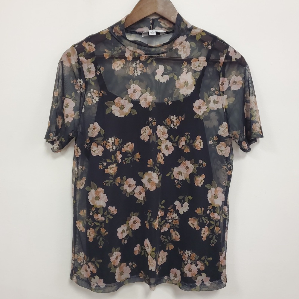 Time Tru Womens Dark Floral Fairy Grunge Whimsigoth‎ Mesh Top Size M Black Sheer